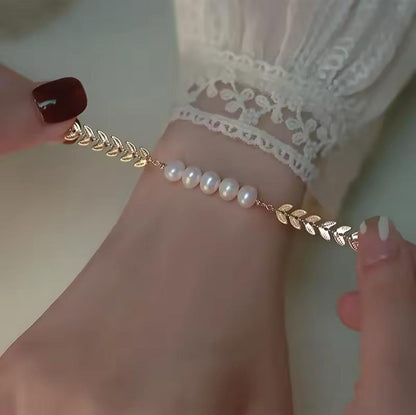 Leaf Pearl Golden Bracelet