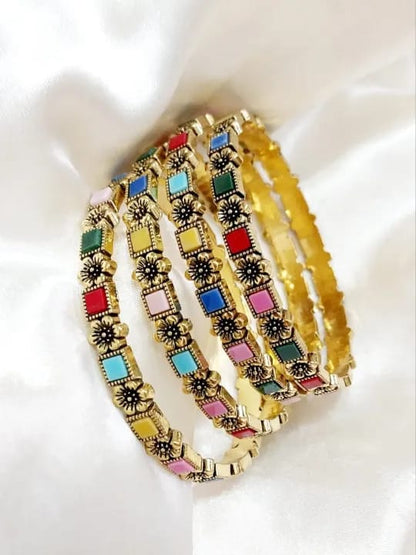 Multi-Colored Bangles with 24K Gold Polish (Set of 4 – Size 2.6)