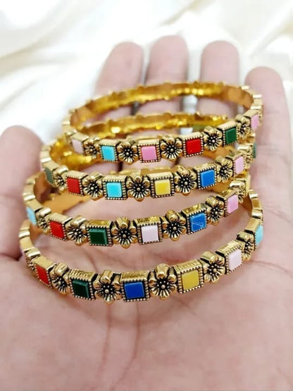 Multi-Colored Bangles with 24K Gold Polish (Set of 4 – Size 2.6)