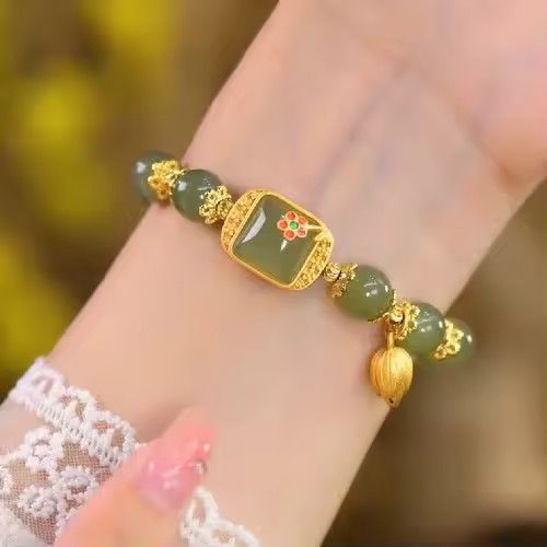 Elegant Jade Beaded Bracelet With Gold Accents - Timeless Luxury and  Charm